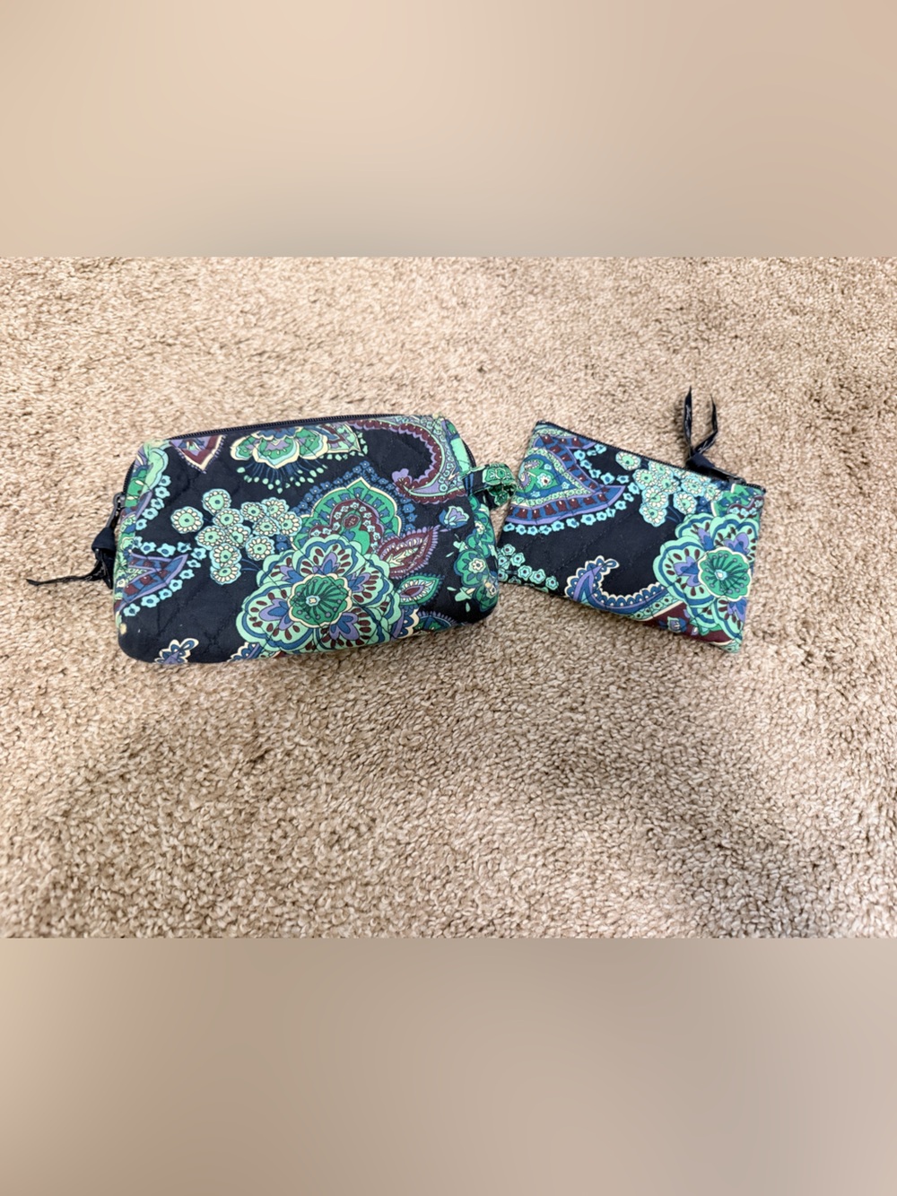 Vera Bradley Quilted Cosmetic Makeup Bag & Zip ID Case Set Blue Green Paisley